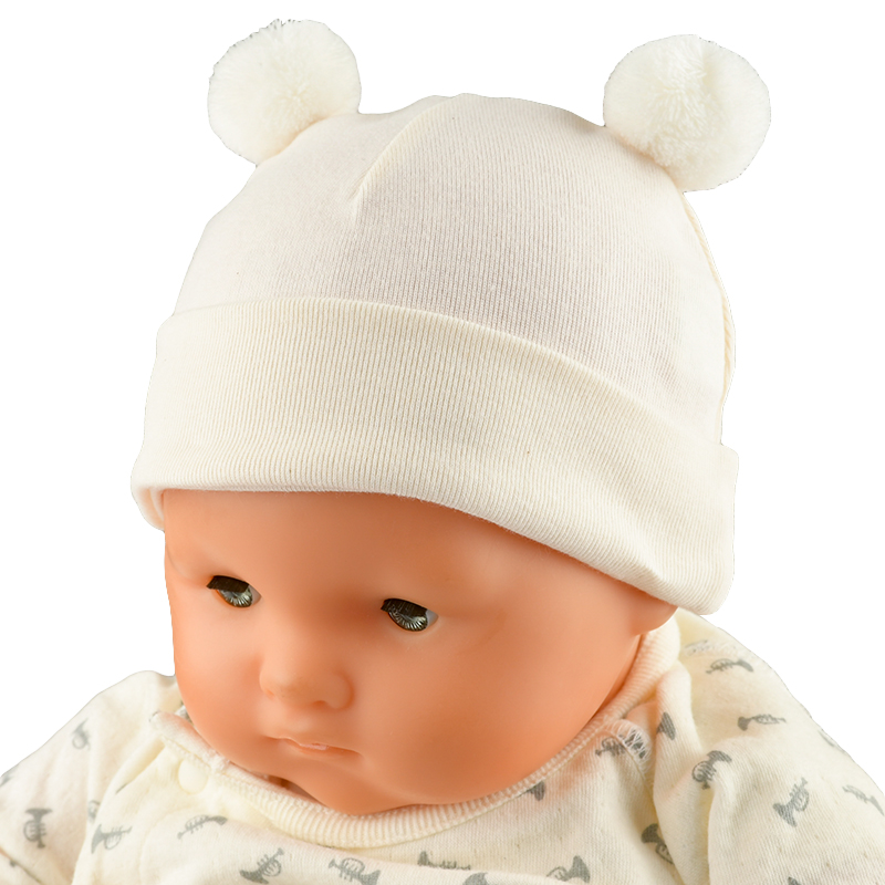 ＜赤ちゃん本舗＞ [300Pプレゼント]ベビー帽子 ぼんぼん付き オフホワイト シューズ・ファッション小物 帽子・バッグ・ファッション小物 新生児・乳児帽子画像