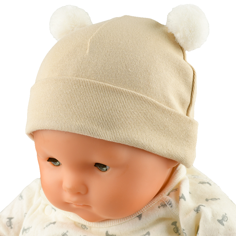 ＜赤ちゃん本舗＞ [300Pプレゼント]ベビー帽子 ぼんぼん付き ベージュ シューズ・ファッション小物 帽子・バッグ・ファッション小物 新生児・乳児帽子画像
