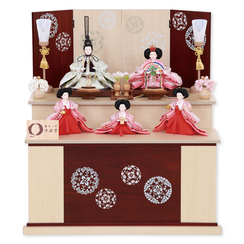 五人収納飾り「木目ワイン色に浮線綾」 34077F 雛人形 【メーカー直送】 ナチュラル