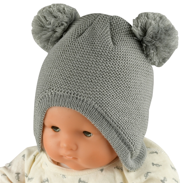  [200Pプレゼント]【SALE】[42〜44・44〜46cm]ニット帽子ウィンター 裏ボア ボンボン耳付き グレー シューズ・ファッション小物 帽子・バッグ・ファッション小物 新生児・乳児帽子