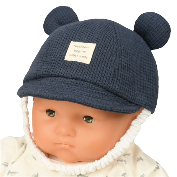 ＜赤ちゃん本舗＞ [400Pプレゼント][42~44・44~46cm]キャップ ワッフル 耳付き ネイビー シューズ・ファッション小物 帽子・バッグ・ファッション小物 新生児・乳児帽子画像