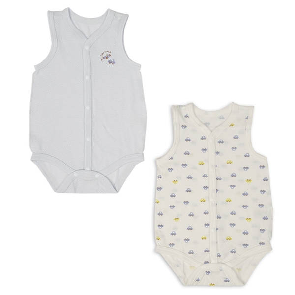  新生児 メッシュ 袖なし ロンパース 2枚組 前開き のりもの サックス 新生児肌着・ベビー肌着・子ども肌着・パジャマ・おへや着 新生児・乳児（50〜80cm） インナーロンパース