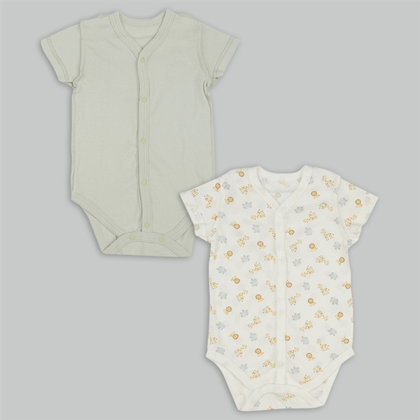 【SALE】速く乾く　半袖　ロンパース　前開き　２枚組　アニマル　グリーン グリーン 80cm