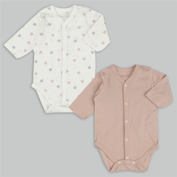 【SALE】速く乾く　長袖　ロンパース　前開き　２枚組　ねこ　ピンク ピンク 60cm