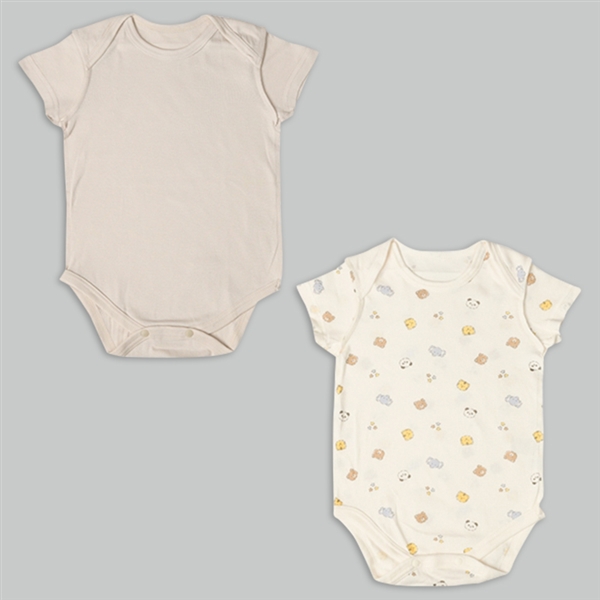 【SALE】速く乾く　半袖　ロンパース　かぶり　２枚組　アニマル　ベージュ ベージュ 80cm