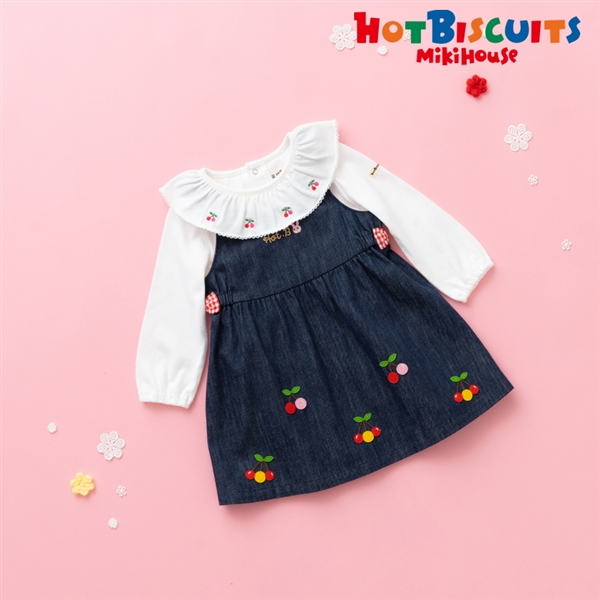 [ギフト] さくらんぼ刺繍 ジャンパースカート＆ブラウスセット【BOX付き】　インディゴブルー　[ミキハウス　ホットビスケッツ] ブルー 80cm