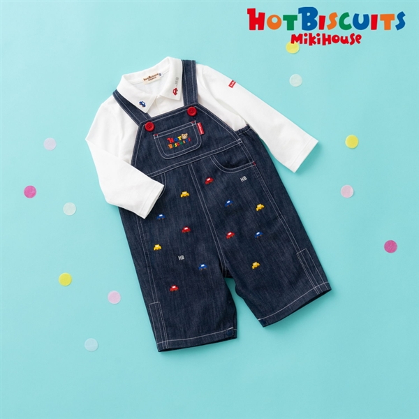 [ギフト] くるま刺繍 オーバーオール＆ポロシャツセット【BOX付き】　インディゴブルー　[ミキハウス　ホットビスケッツ] インディゴブルー 80cm