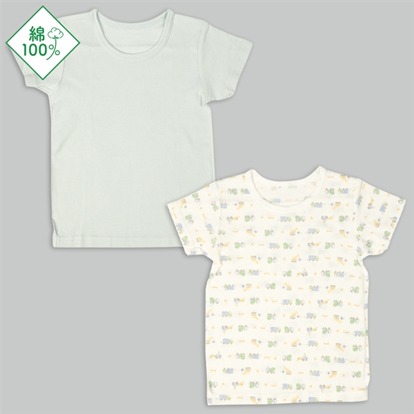 【SALE】[ベビー]速く乾く　半袖　丸首シャツ　２枚組　はたらくくるま　グリーン グリーン 70cm