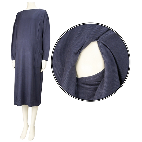 【SALE】[授乳口付き]長袖デニムライクワンピース　ネイビー ネイビー L