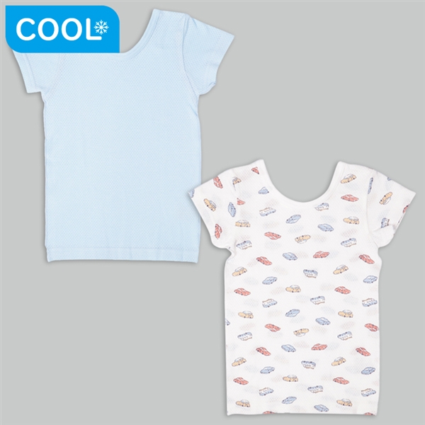 [ベビー]前後着られるメッシュ　半袖丸首シャツ　２枚組　くるま　サックス サックス 90cm