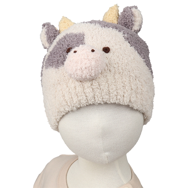 [40~48cm]ニット帽　アニマルモコモコ　どうぶつえん　うし グレー 48~50cm