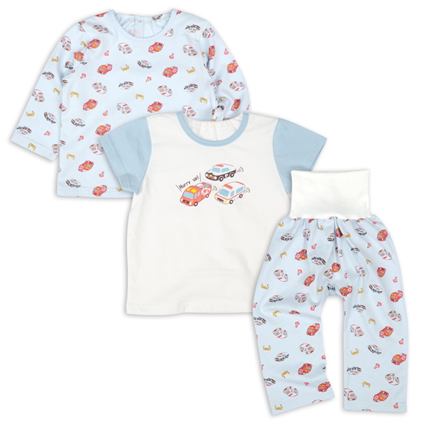 [ベビー]2トップ半袖・長袖パジャマ腹巻付　緊急車両 サックス 70cm