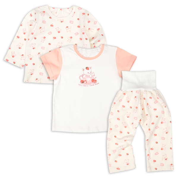 [ベビー]2トップ半袖・長袖パジャマ腹巻付　ねこ アイボリー 70cm