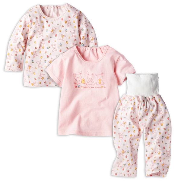 [ベビー]2トップ半袖・長袖パジャマ腹巻付　うさぎ ピンク 70cm