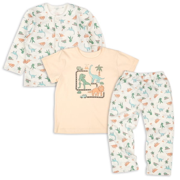 [キッズ]2トップ半袖・長袖パジャマ　恐竜 ベージュ 100cm