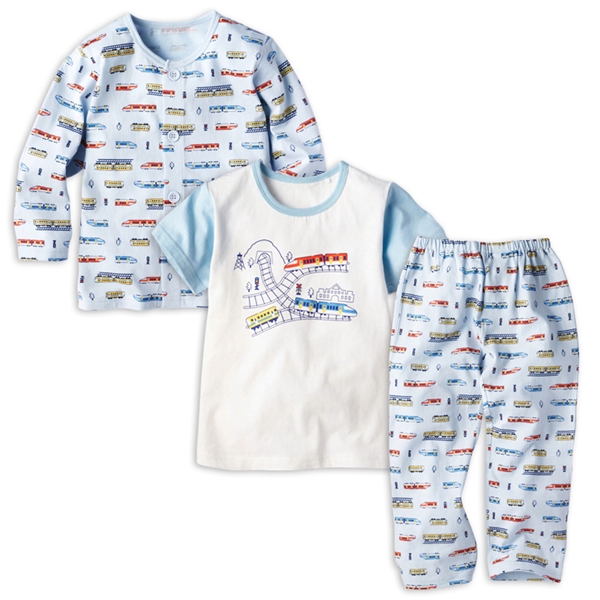 [キッズ]2トップ半袖・長袖パジャマ　電車 サックス 100cm