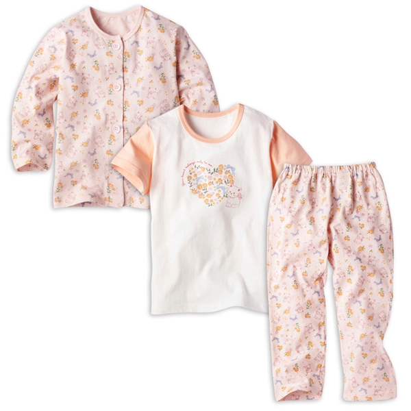 [キッズ]2トップ半袖・長袖パジャマ　ねこ オレンジ 100cm