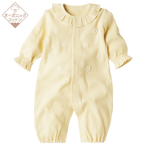 オーガニックコットン　長袖プレオール　花　クリーム クリーム 60cm