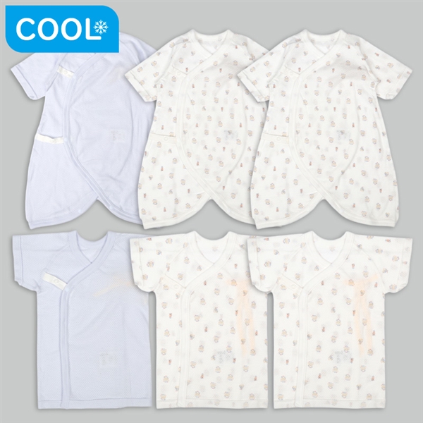 [スナップタイプ]メッシュ新生児肌着６点　半袖・七分袖　くま　サックス サックス 50~60cm