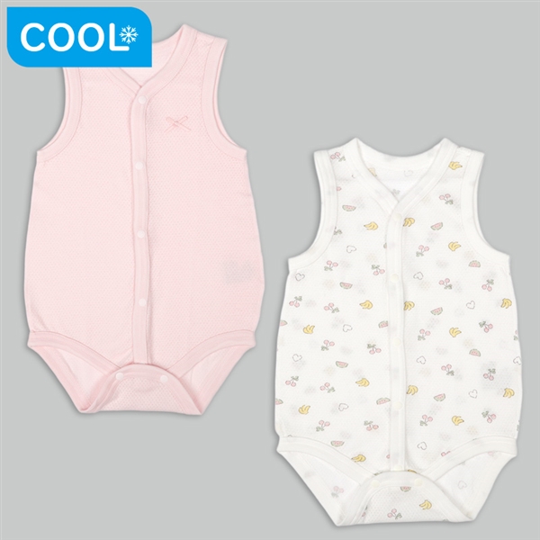 [ベビー]やわらかメッシュ　袖なしロンパース　２枚組　前開き　フルーツ ピンク 60cm