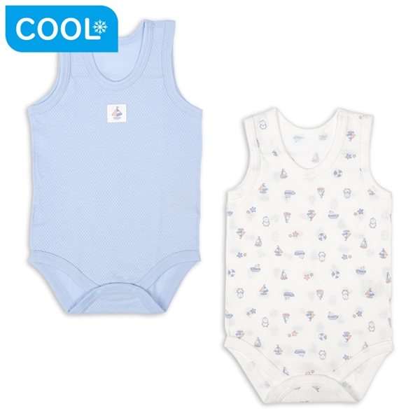 [ベビー]やわらかメッシュ　袖なしロンパース　２枚組　かぶり　ヨット ブルー 70cm