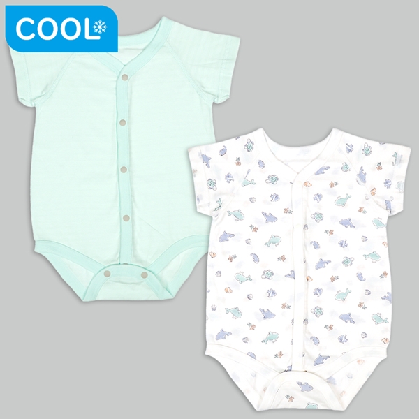 [ベビー]ひんやり綿１００％　半袖ロンパース２枚組　前開き　海の生き物 グリーン 60cm