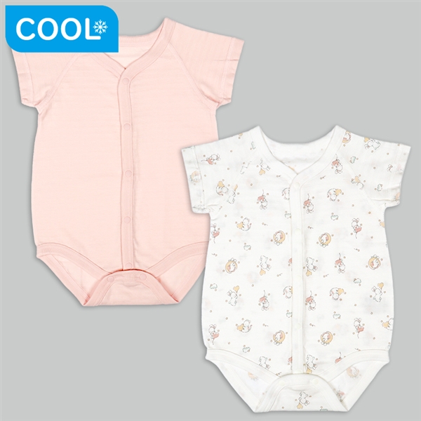 [ベビー]ひんやり綿１００％　半袖ロンパース２枚組　前開き　風船アニマル ピンク 60cm