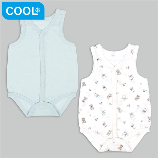 [ベビー]ひんやり綿１００％　袖なしロンパース２枚組　前開き　くま サックス 60cm