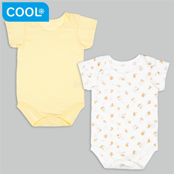 [ベビー]ひんやり綿１００％　半袖ロンパース２枚組　かぶり　あひる イエロー 70cm