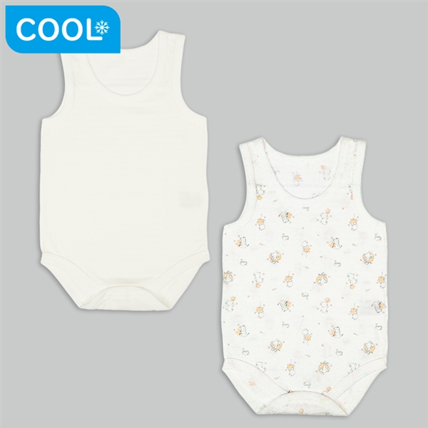 [ベビー]ひんやり綿１００％　袖なしロンパース２枚組　かぶり　アニマル オフホワイト 70cm