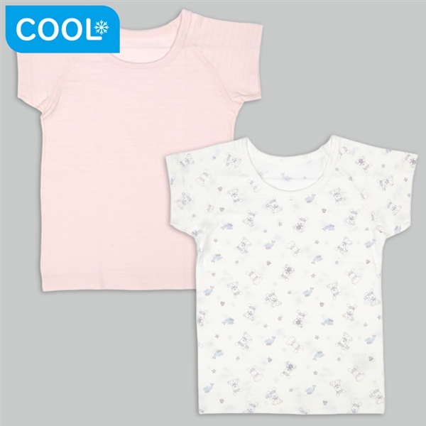 [ベビー]ひんやり綿１００％　半袖丸首シャツ２枚組　うさぎイルカ ピンク 80cm