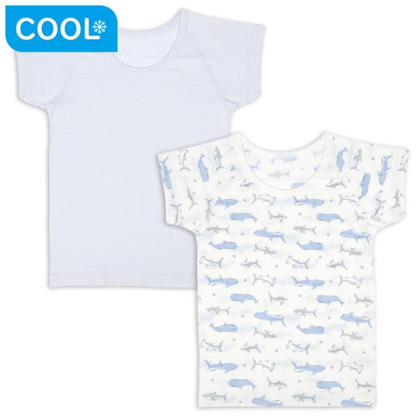 [キッズ]ひんやり綿１００％　半袖丸首シャツ２枚組　サメくじら サックス 100cm