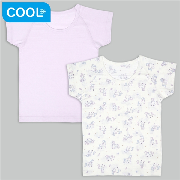 [キッズ]ひんやり綿１００％　半袖丸首シャツ２枚組　ユニコーン パープル 100cm