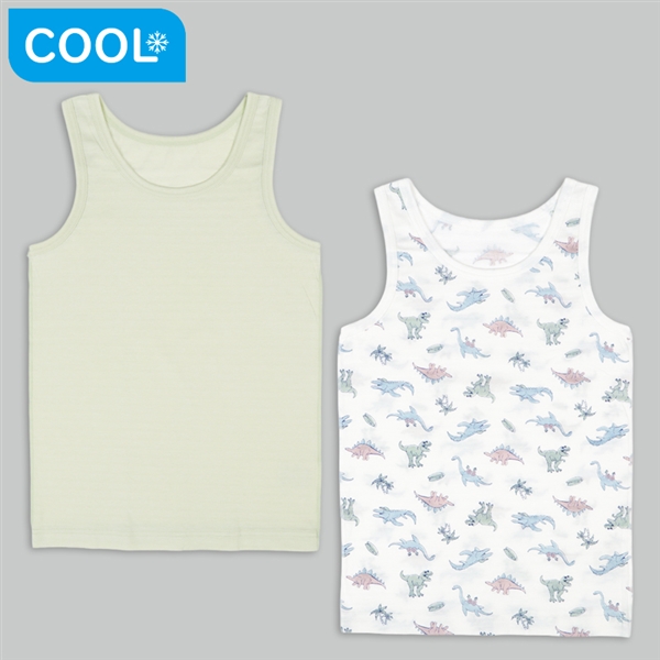 [キッズ]ひんやり綿１００％　タンクトップ２枚組　恐竜 グリーン 100cm