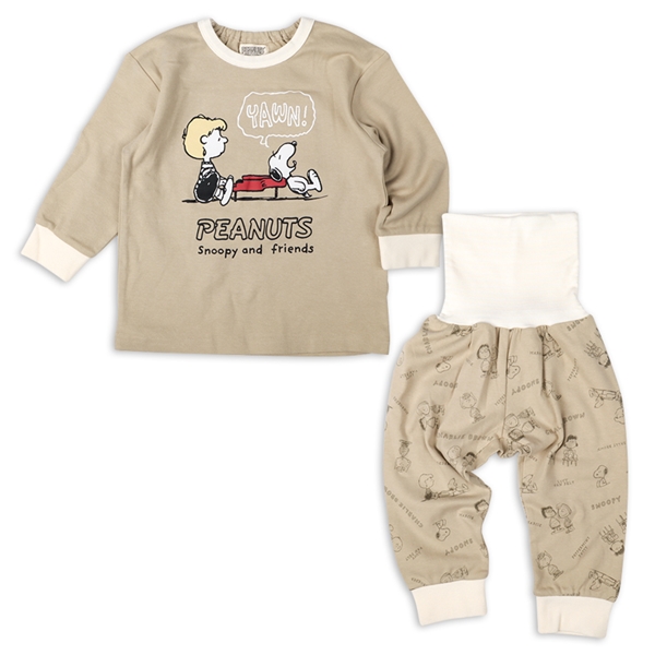 [ベビー]スムースかぶり腹巻付きパジャマ　スヌーピー ベージュ 80cm