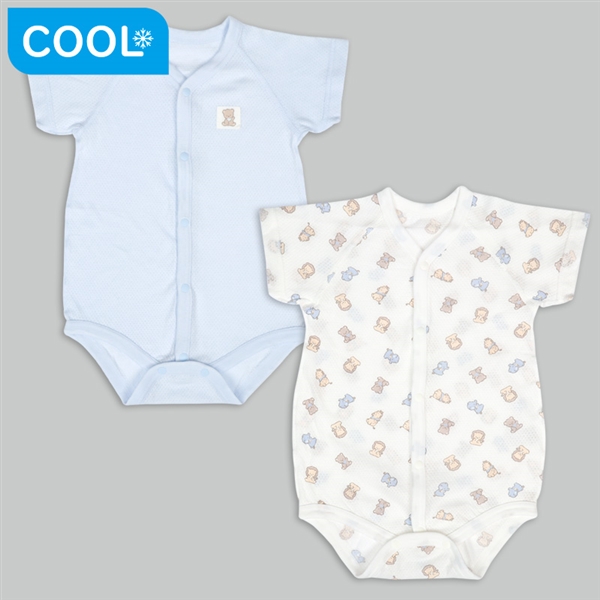 [ベビー]やわらかメッシュ　半袖ロンパース　２枚組　前開き　くま　サックス サックス 60cm