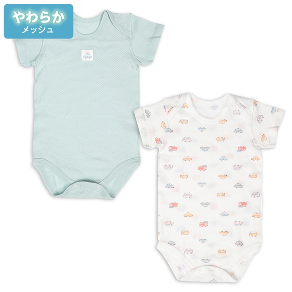 [ベビー]やわらかメッシュ　半袖ロンパース　２枚組　かぶり　くるま　グリーン グリーン 70cm