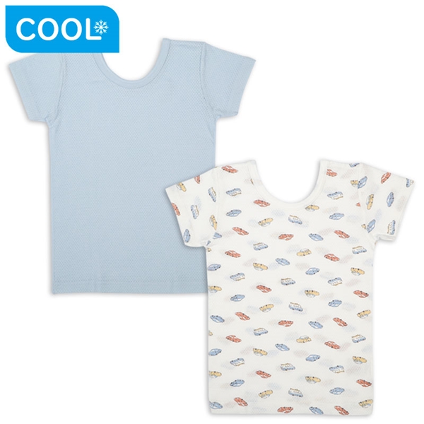 [ベビー]前後着られるメッシュ　半袖丸首シャツ　２枚組　くるま　サックス サックス 70cm