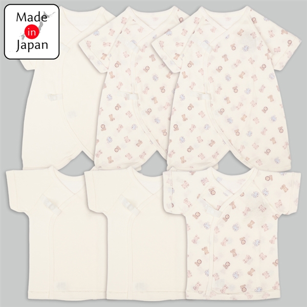 新生児肌着６点セット　半袖・七分袖　総柄アニマル クリーム 50~60cm