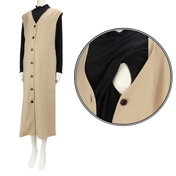 [授乳機能付き]長袖トップス付きジレワンピース ベージュ ベージュ M