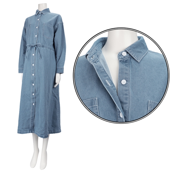 [授乳仕様]長袖デニムドロストシャツワンピース　サックス サックス M