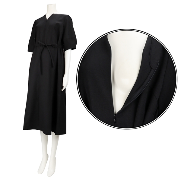 [授乳仕様]ランタンスリーブウエストリボン付きワンピース ブラック M