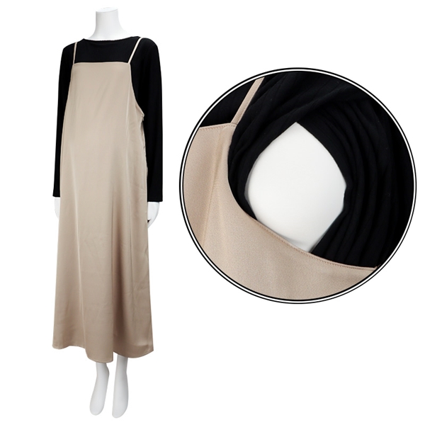 [授乳口付き]長袖トップス付きサテンキャミワンピース　ベージュ ベージュ M