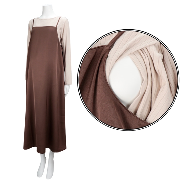 [授乳口付き]長袖トップス付きサテンキャミワンピース　ブラウン ブラウン M