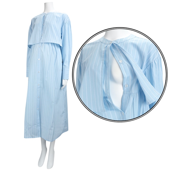 [授乳仕様]長袖ケープワンピース　ストライプ　サックス サックス M