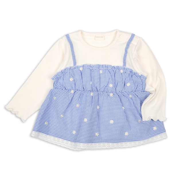 [ベビー]長袖Ｔシャツ　レイヤード風　チェック刺しゅう　ブルー ブルー 80cm