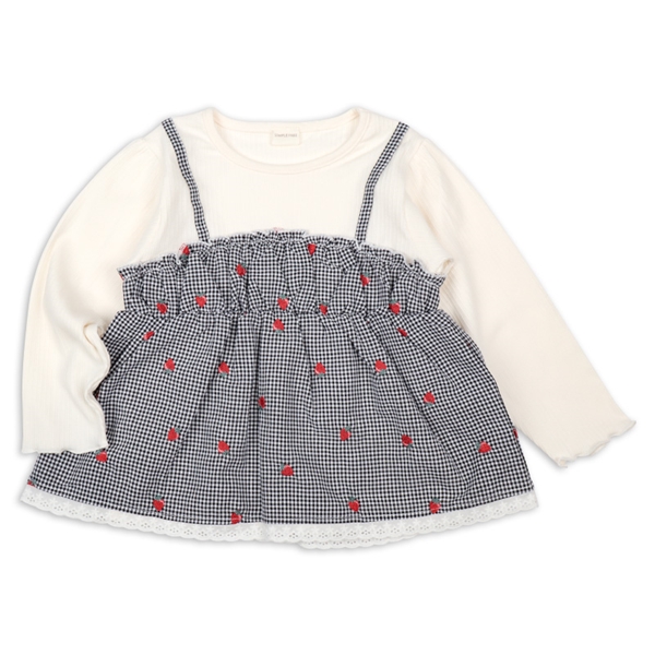 [キッズ]長袖Ｔシャツ　レイヤード風　チェック刺しゅう　ブラック ブラック 100cm