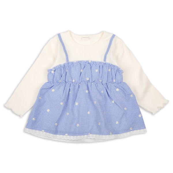 [キッズ]長袖Ｔシャツ　レイヤード風　チェック刺しゅう　ブルー ブルー 100cm