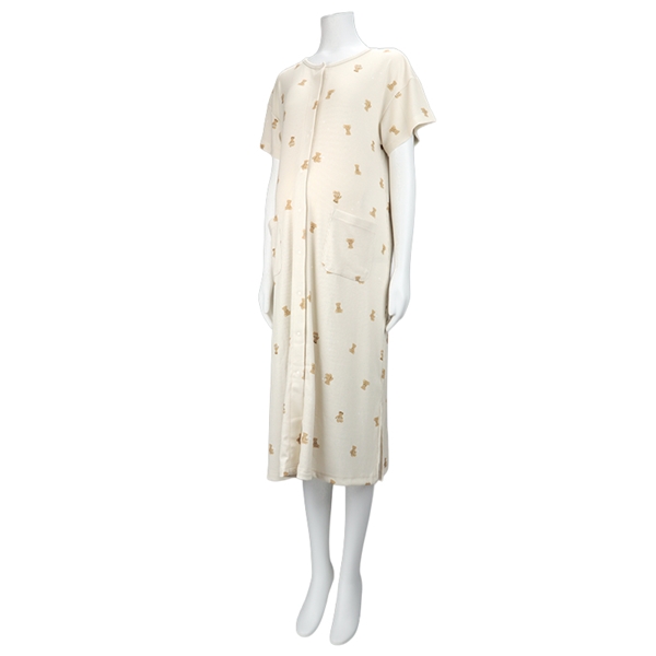 [授乳仕様]半袖涼やかリブワンピース　全開スナップ　マリンベア　ベージュ ベージュ M~L