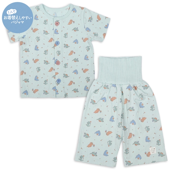 [ベビー]お着替え応援　半袖パジャマ　前開き　恐竜 グリーン 90cm
